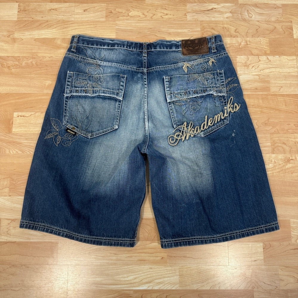 Akademiks Mens Embroidered‎ Denim Shorts Blue Y2K Streetwear Size 38